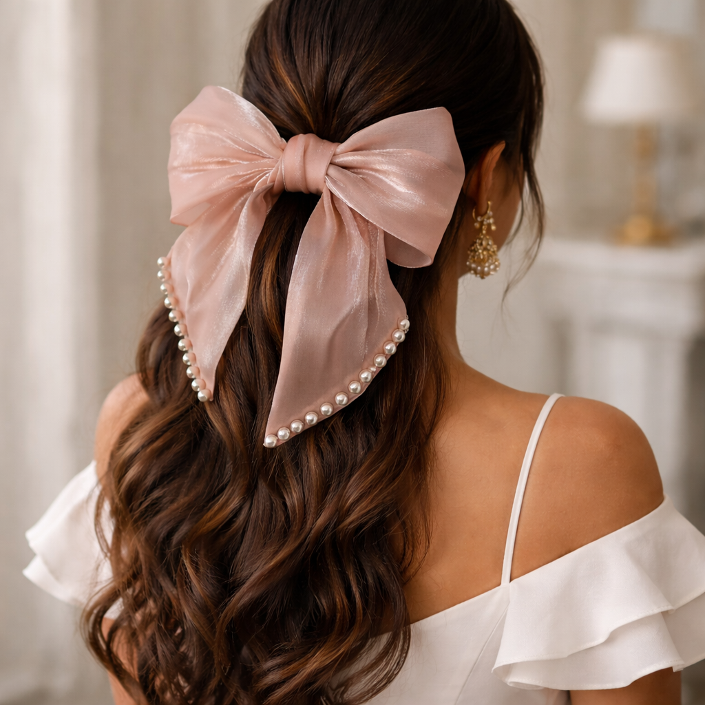 Woman with long, wavy hair wearing a large pink bow with pearls in a room setting.