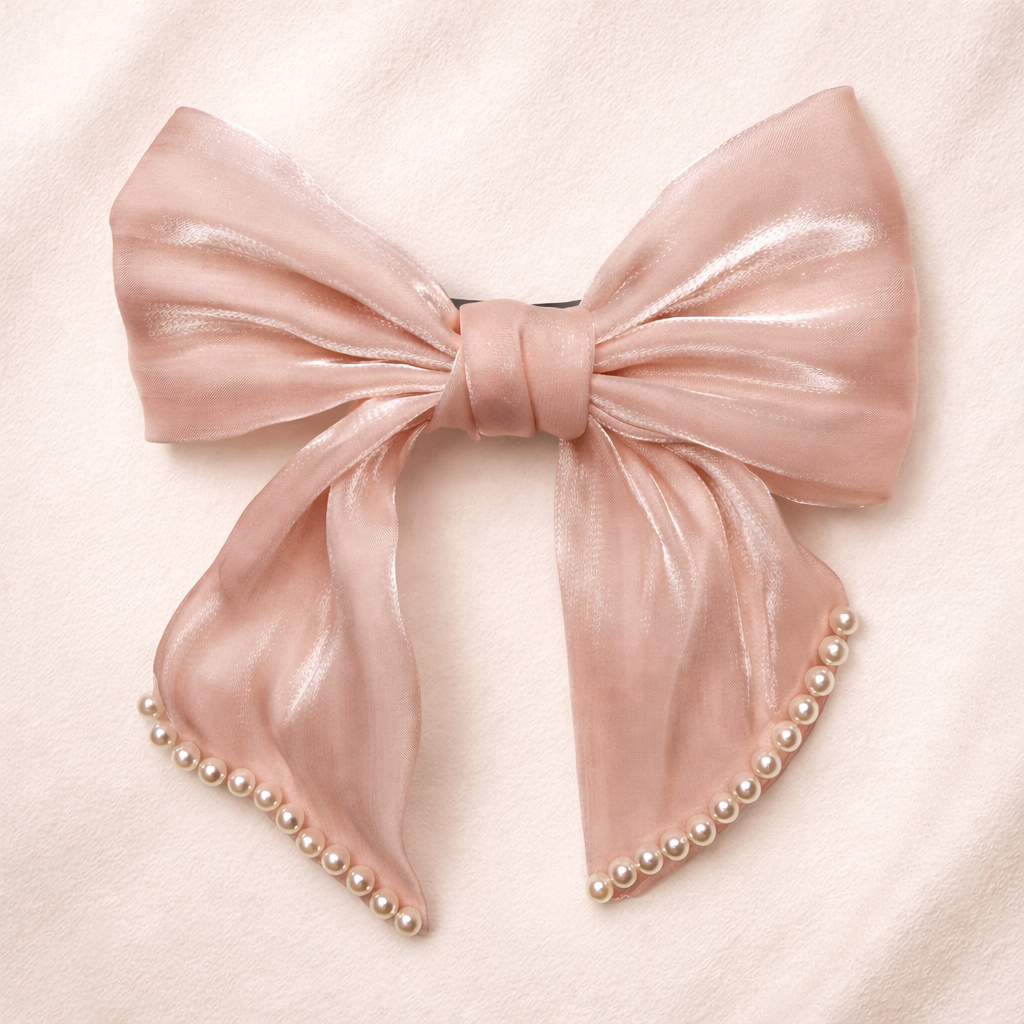 Pink bow hair clip with pearls on a light pink background
