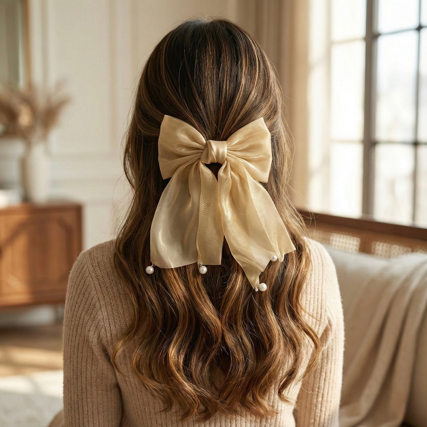 Model wearing the bow from the back