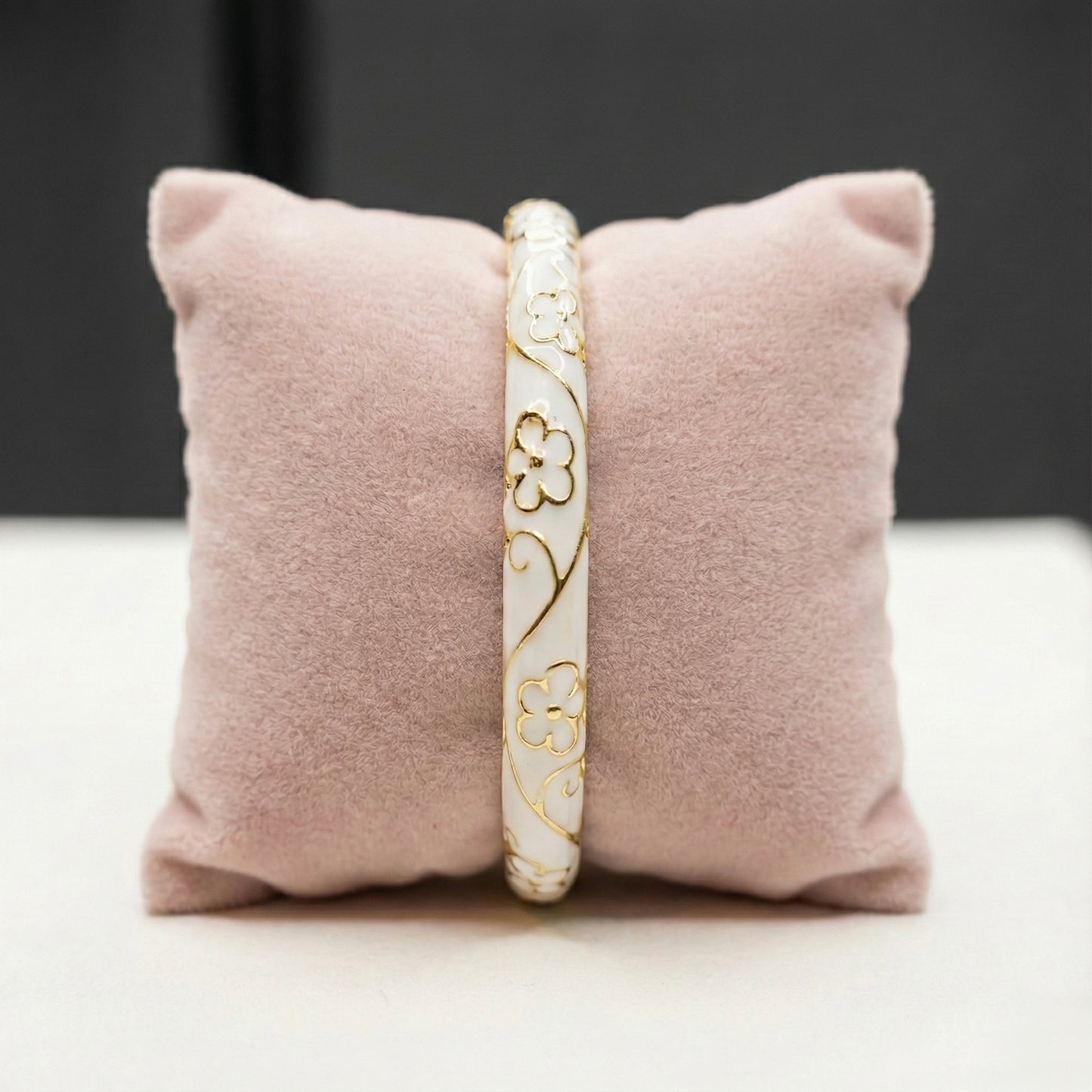 Classic Ivory Floral Glossy Enamel Bangle with Gold Outline