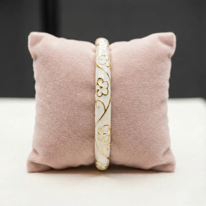 Classic Ivory Floral Glossy Enamel Bangle with Gold Outline