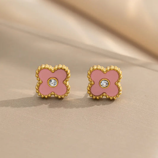 Zircon beaded pink clover gold earings