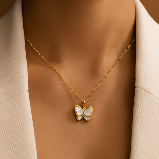 High-end butterfly white enamel gold plated necklace