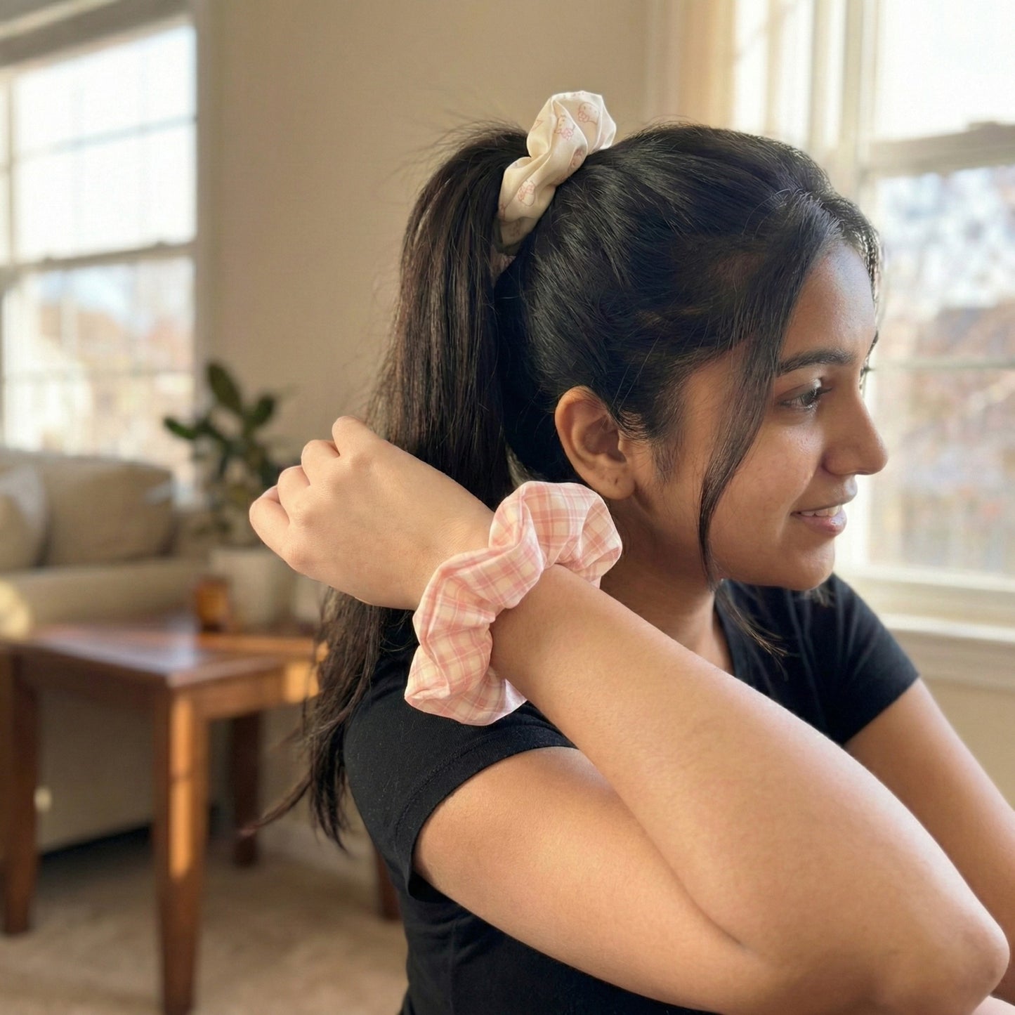Blush Checks Scrunchie Duo – Soft Everyday Hair Ties