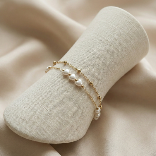 Minimal Heart Pearl Double Layer Gold Bracelet for Women