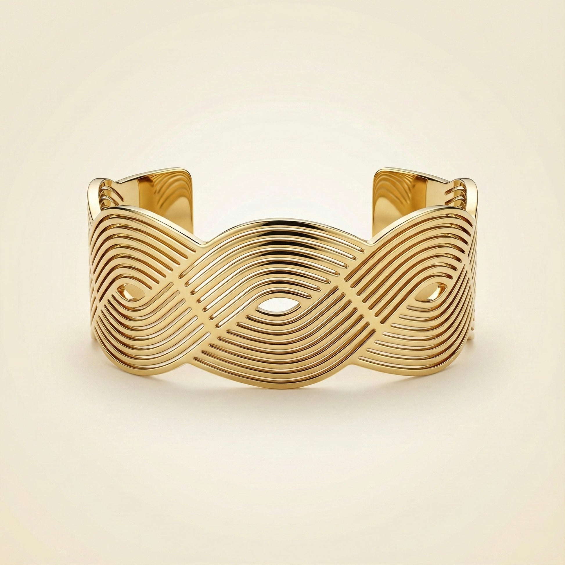 Infinity wave gold cuff bracelet with sculptural cut-out design – Mystjuels