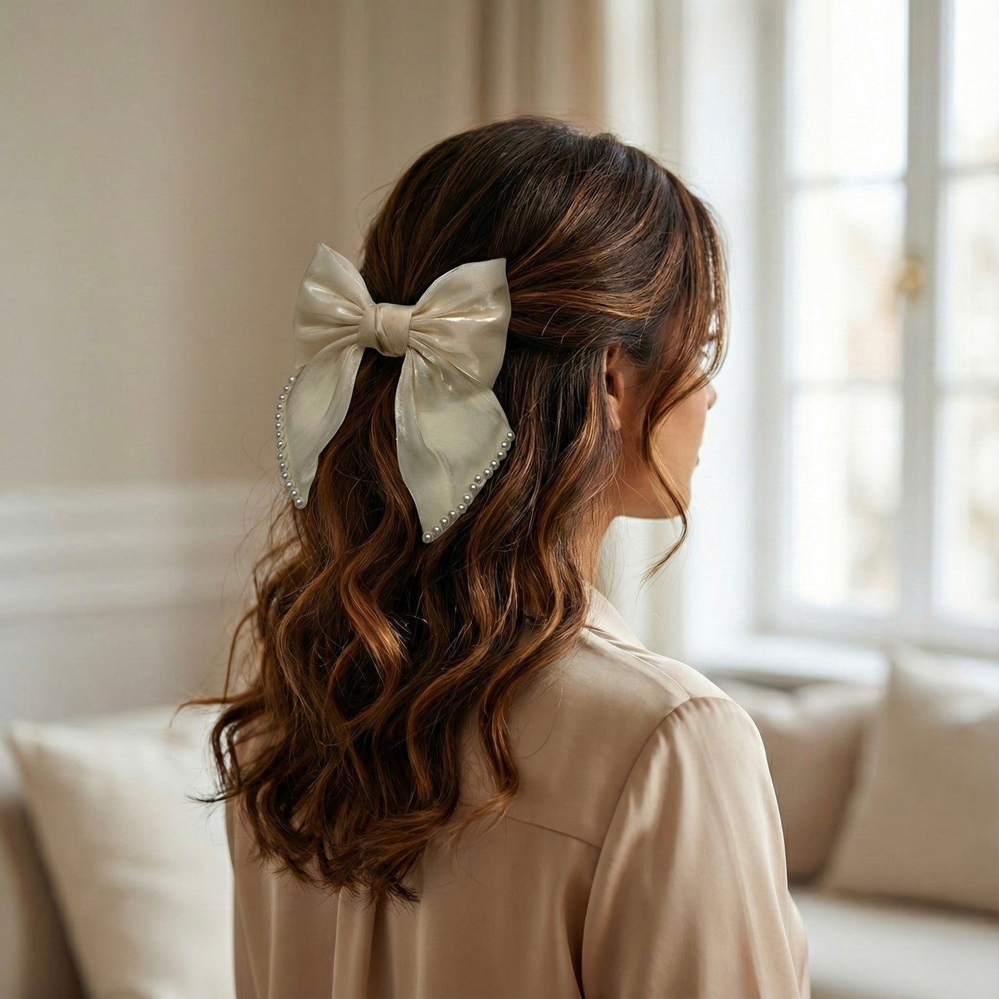 Ivory Beige Organza Hair Bow with Pearl Edges