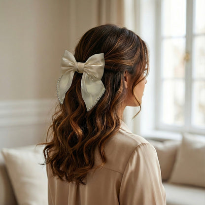 Ivory Beige Organza Hair Bow with Pearl Edges