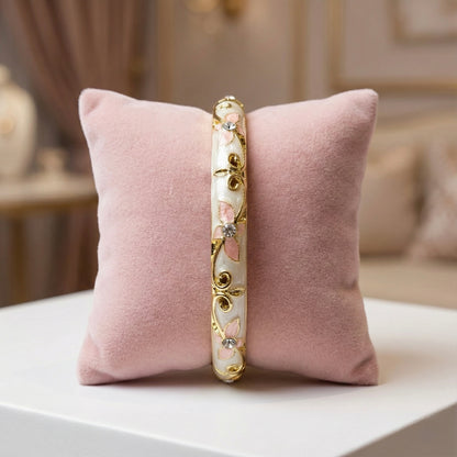 Ivory Enamel Floral Bangle with Blush Pink Petal Motifs, Crystal Centers & Gold Vine Detailing