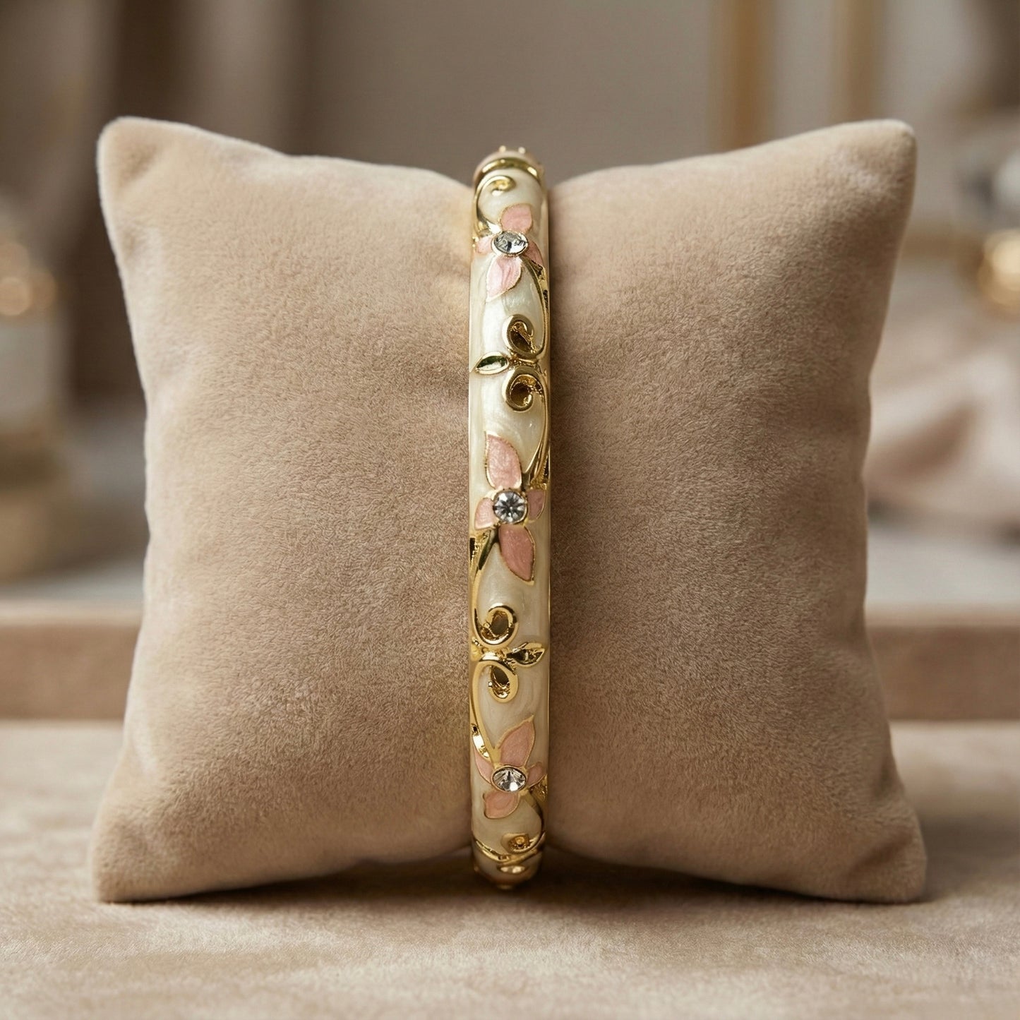 Ivory Enamel Floral Bangle with Blush Pink Petal Motifs, Crystal Centers & Gold Vine Detailing