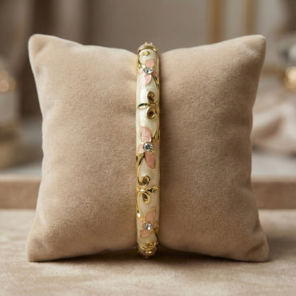 Ivory Enamel Floral Bangle with Blush Pink Petal Motifs, Crystal Centers & Gold Vine Detailing