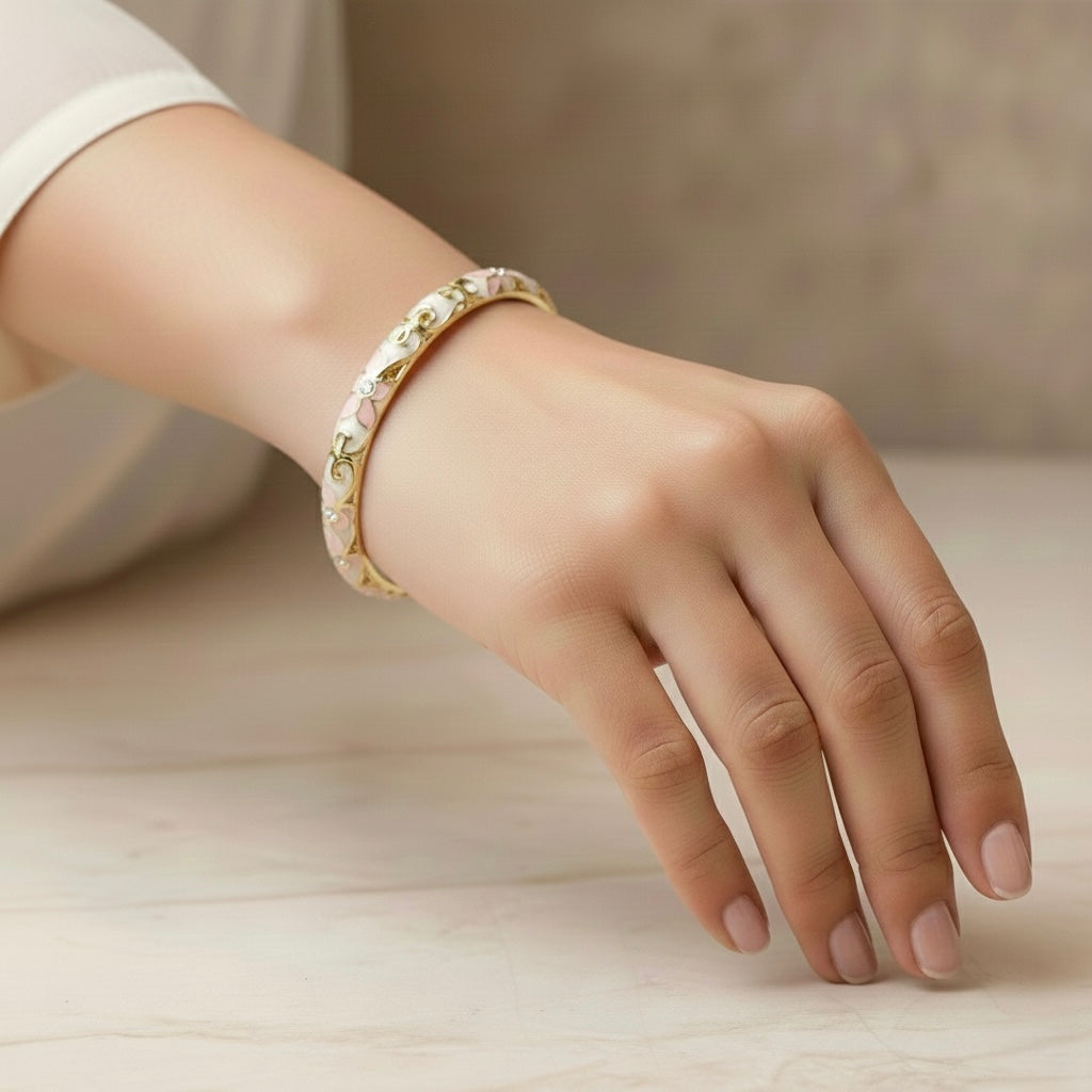 Ivory Enamel Floral Bangle with Blush Pink Petal Motifs, Crystal Centers & Gold Vine Detailing