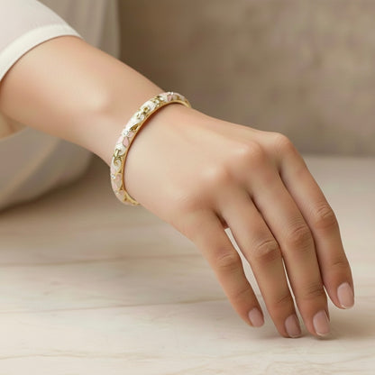 Ivory Enamel Floral Bangle with Blush Pink Petal Motifs, Crystal Centers & Gold Vine Detailing