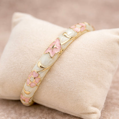 Ivory & Blush Floral Enamel Bangle with Gold Accents