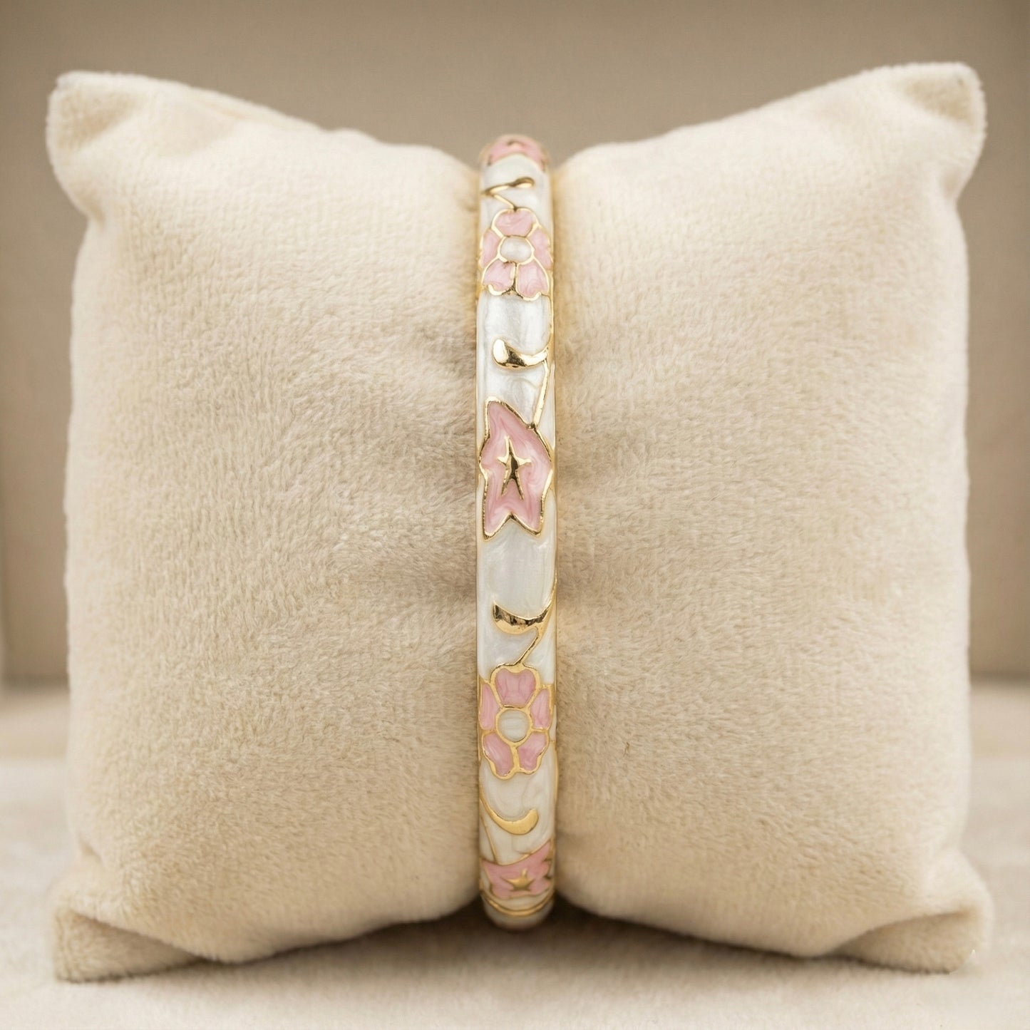 Ivory & Blush Floral Enamel Bangle with Gold Accents