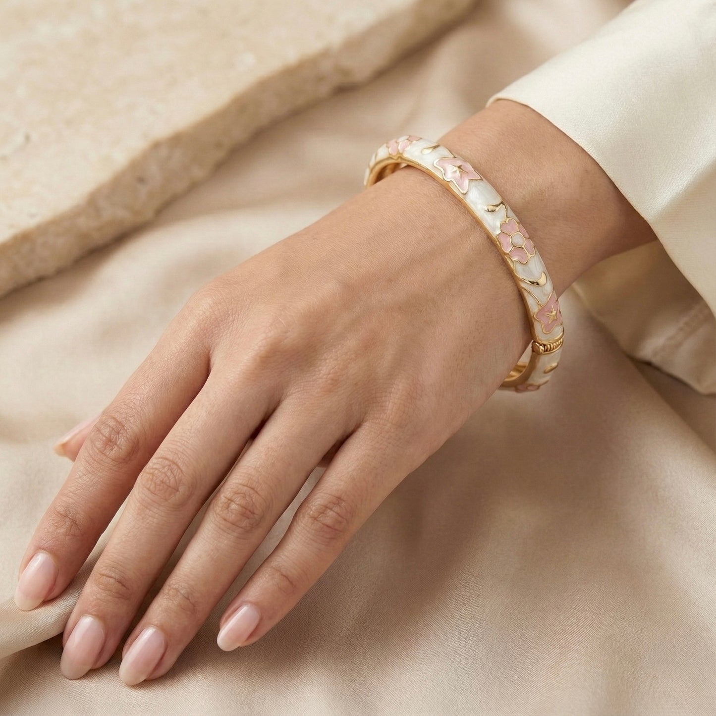 Ivory & Blush Floral Enamel Bangle with Gold Accents