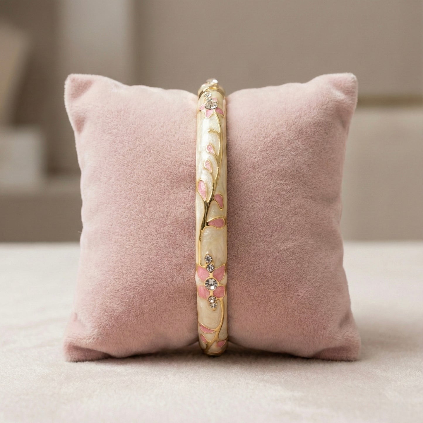 Ivory Enamel Floral Bangle with Blush Pink Petals, Crystal Stone Accents & Gold Detailing
