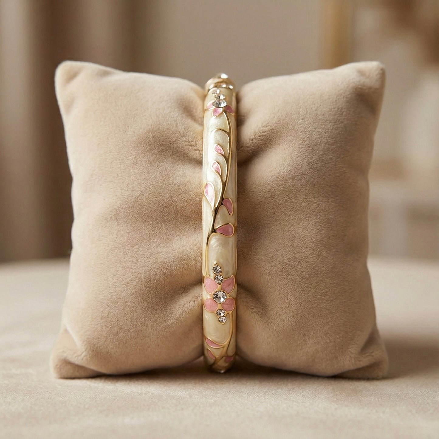 Ivory Enamel Floral Bangle with Blush Pink Petals, Crystal Stone Accents & Gold Detailing