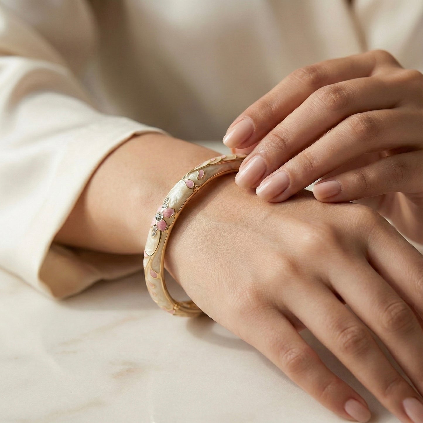 Ivory Enamel Floral Bangle with Blush Pink Petals, Crystal Stone Accents & Gold Detailing