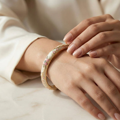 Ivory Enamel Floral Bangle with Blush Pink Petals, Crystal Stone Accents & Gold Detailing