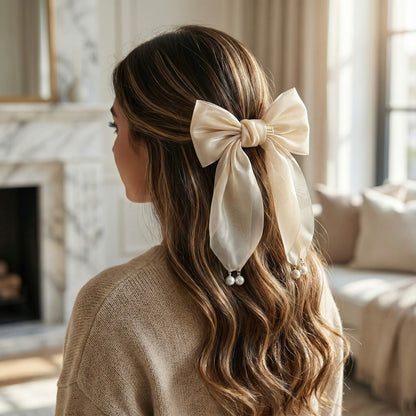 Woman with a beige bow in hair 