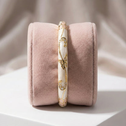 Ivory Pearl-Finish Floral Enamel Bangle with Crystal Swirl