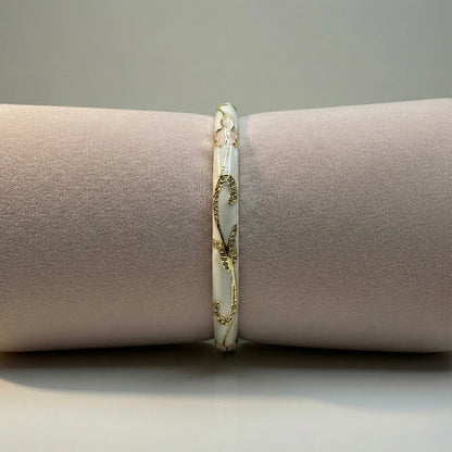 Ivory Pearl-Finish Floral Enamel Bangle with Crystal Swirl
