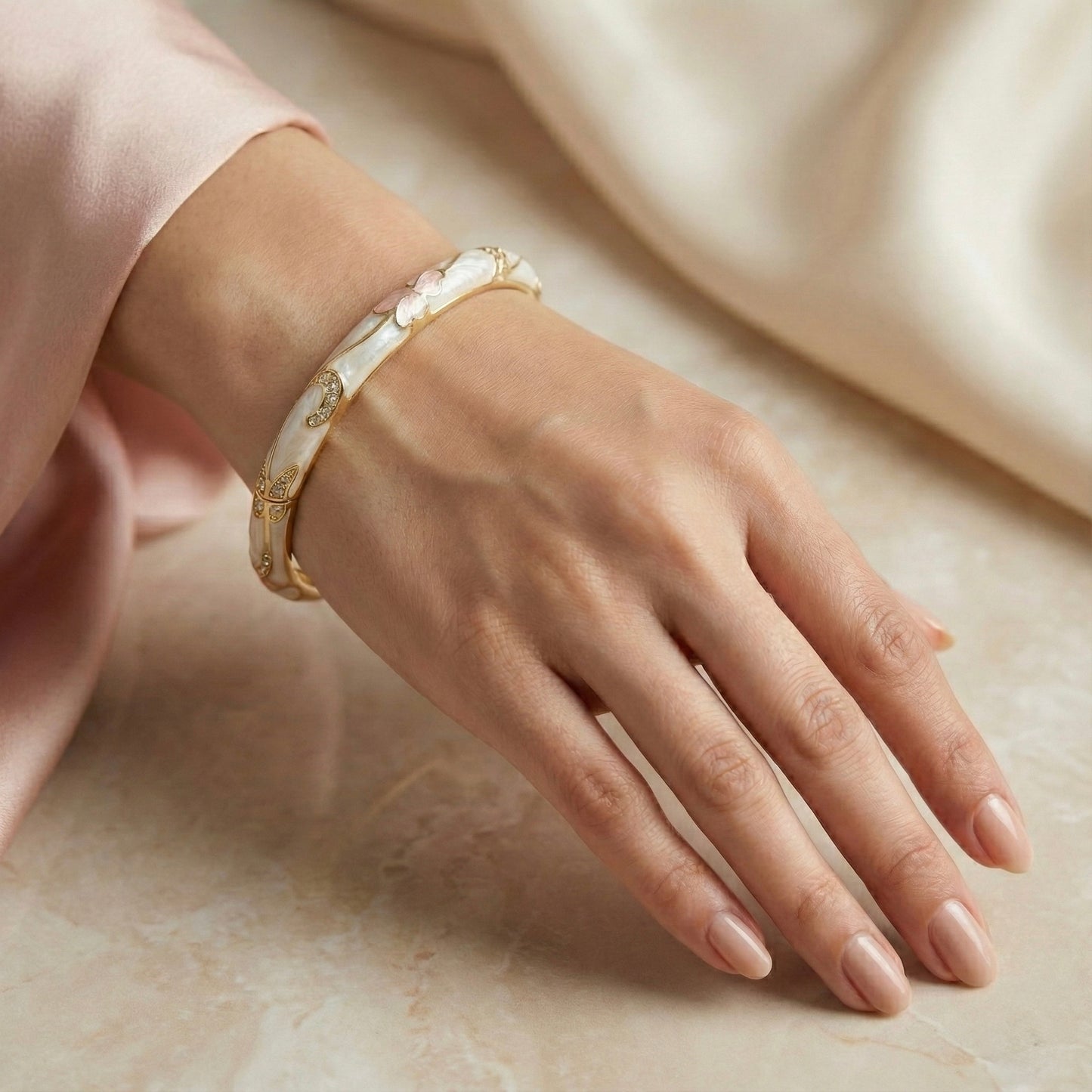 Ivory Pearl-Finish Floral Enamel Bangle with Crystal Swirl