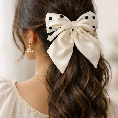 Ivory Polka Dot Satin Bow Barrette
