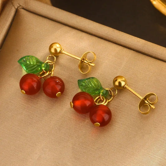Anti tarnish gold plated red cherry earings