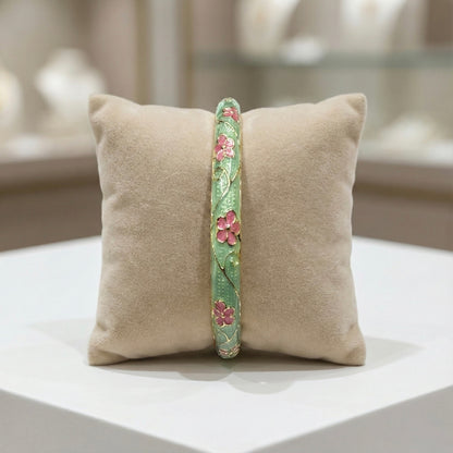 Mint Green Floral Enamel Bangle with Pink Blossom Motifs & Gold Vine Detailing