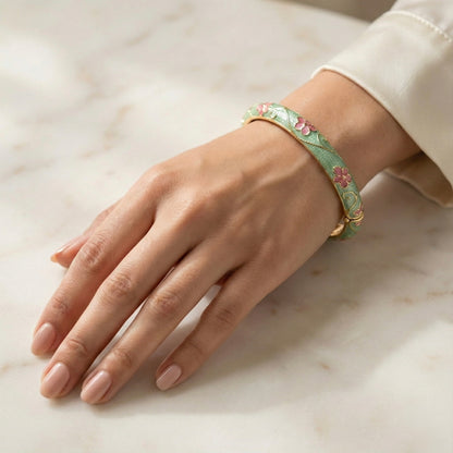 Mint Green Floral Enamel Bangle with Pink Blossom Motifs & Gold Vine Detailing