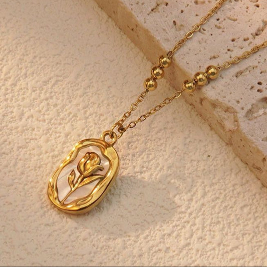 Minimal gold rose pendant with beaded chain