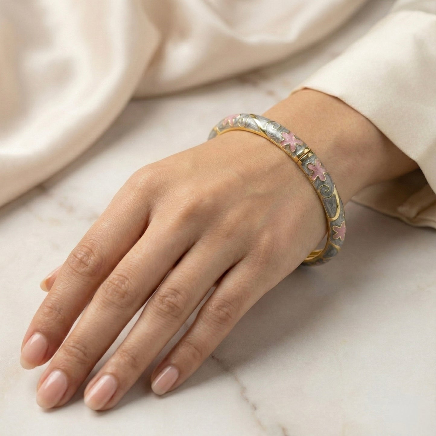 Soft Grey Floral Enamel Bangle with Pink Accents