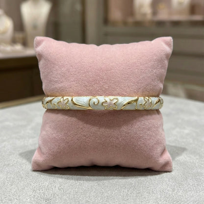 Pearl Grey Enamel Floral Bangle with Gold Swirl Detailing | Elegant Designer Bracelet