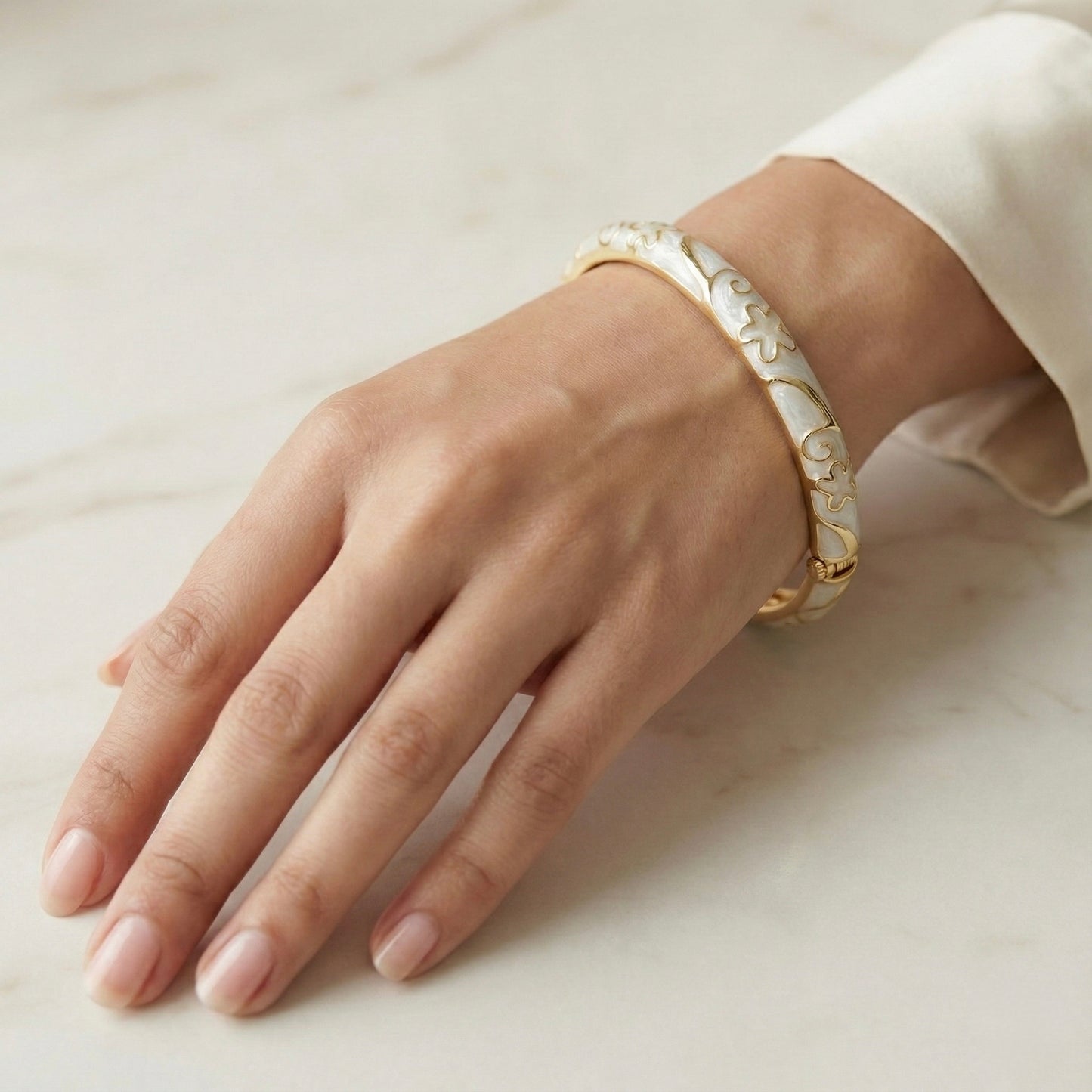 Pearl Grey Enamel Floral Bangle with Gold Swirl Detailing | Elegant Designer Bracelet