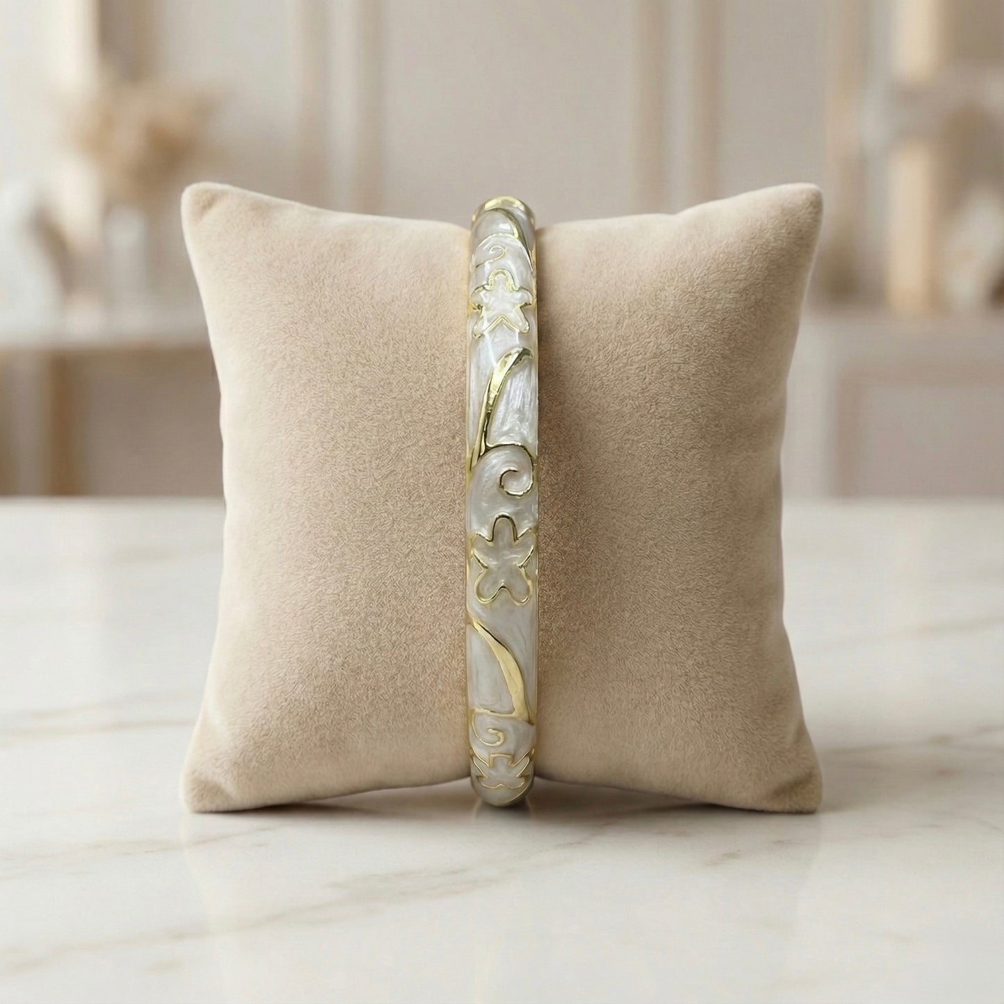 Pearl Grey Enamel Floral Bangle with Gold Swirl Detailing | Elegant Designer Bracelet