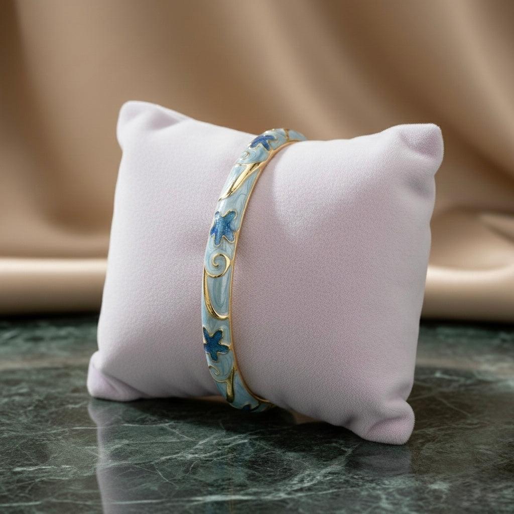 Powder Blue Floral Enamel Bangle with Gold Detailing