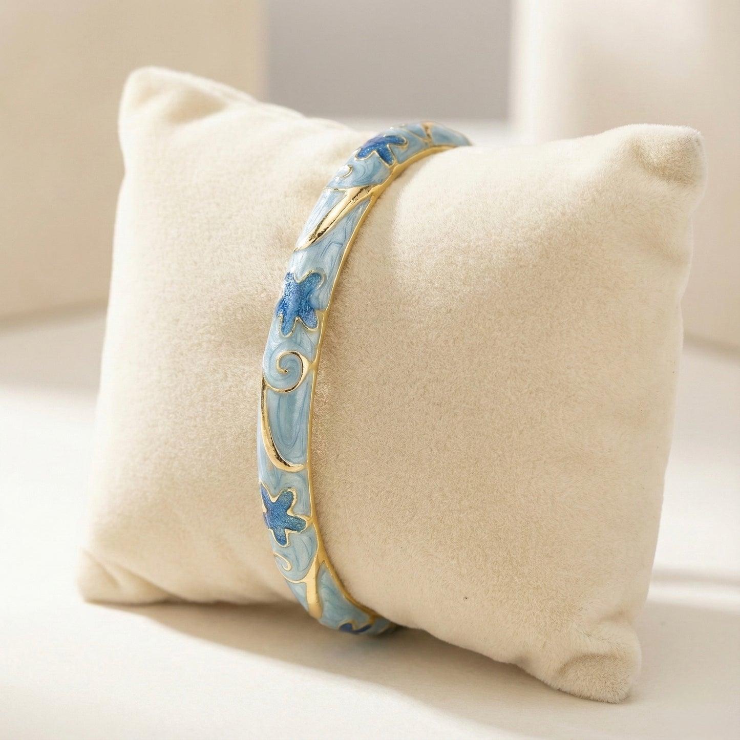 Powder Blue Floral Enamel Bangle with Gold Detailing