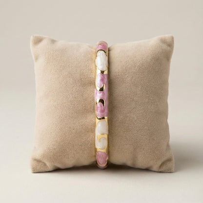 Rose Pink & Pearl Enamel Swirl Bangle with Gold Accents | Elegant Statement Bracelet