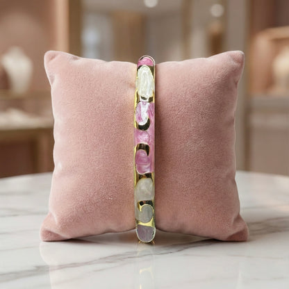 Rose Pink & Pearl Enamel Swirl Bangle with Gold Accents | Elegant Statement Bracelet