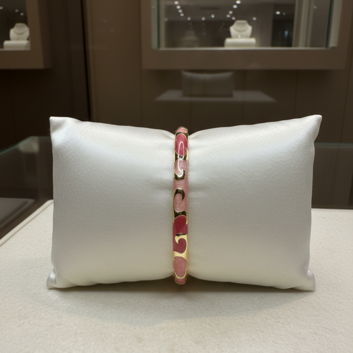 Rose Pink Glossy Enamel Bangle with Gold Curved Motifs