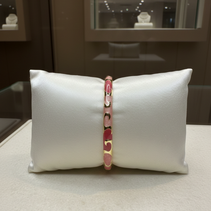 Rose Pink Glossy Enamel Bangle with Gold Curved Motifs