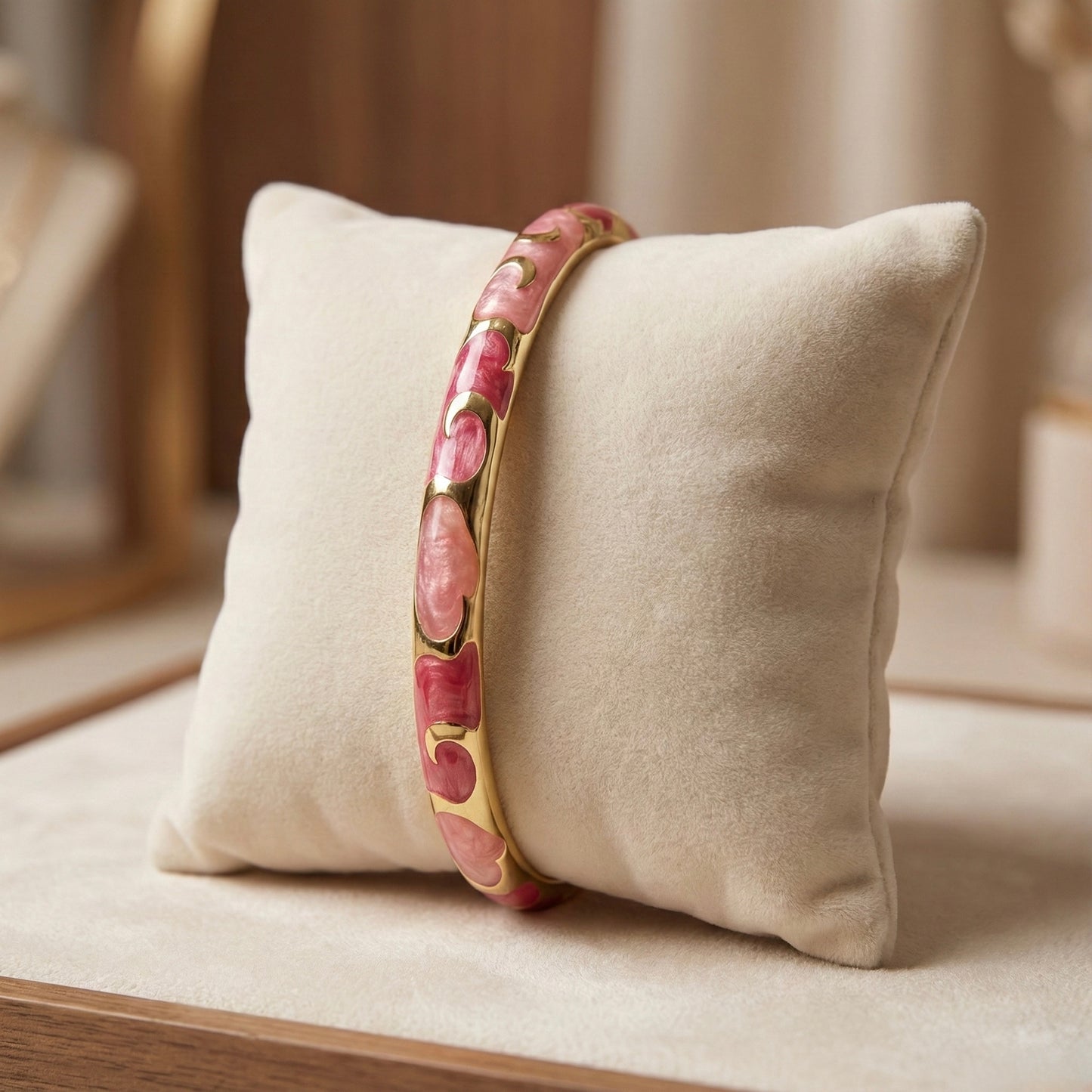 Rose Pink Glossy Enamel Bangle with Gold Curved Motifs