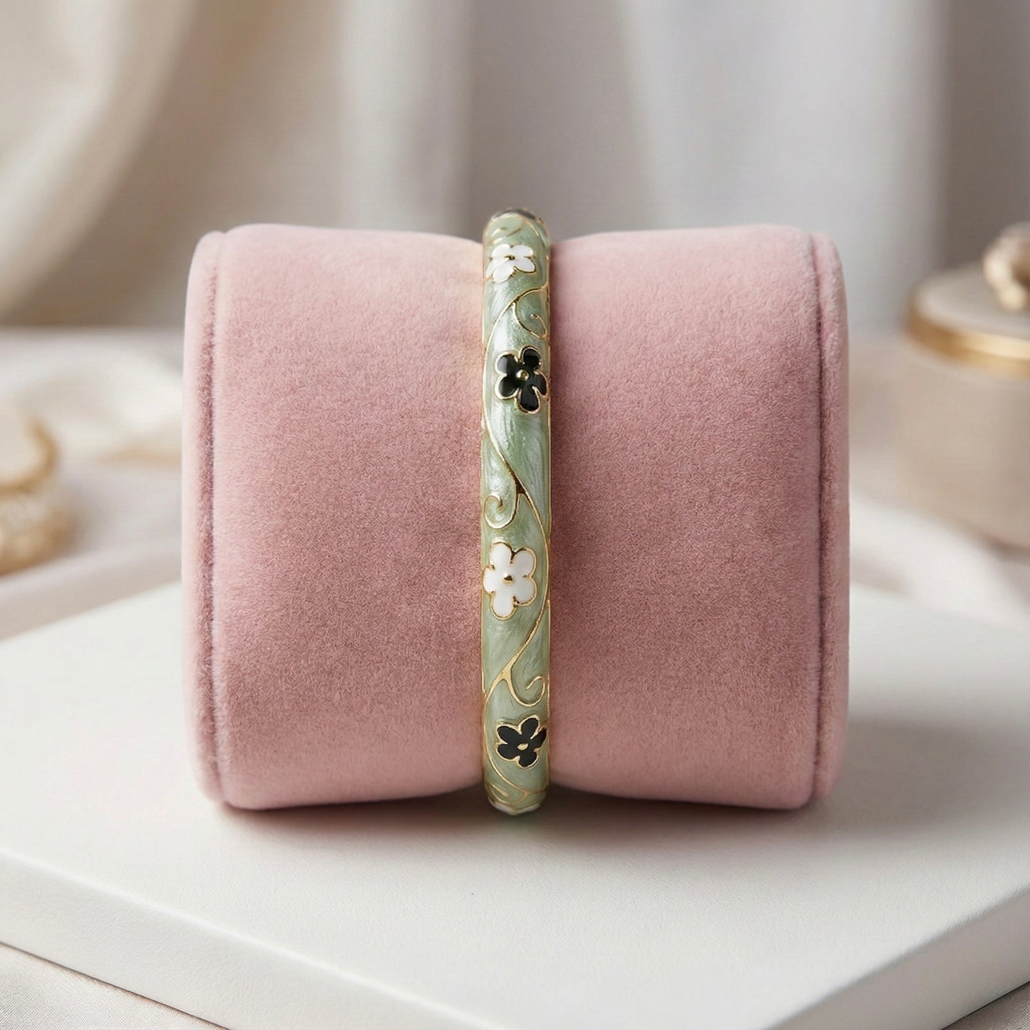 Sage Green Enamel Floral Bangle with Black & Ivory Flower Motifs and Gold Vine Detailing