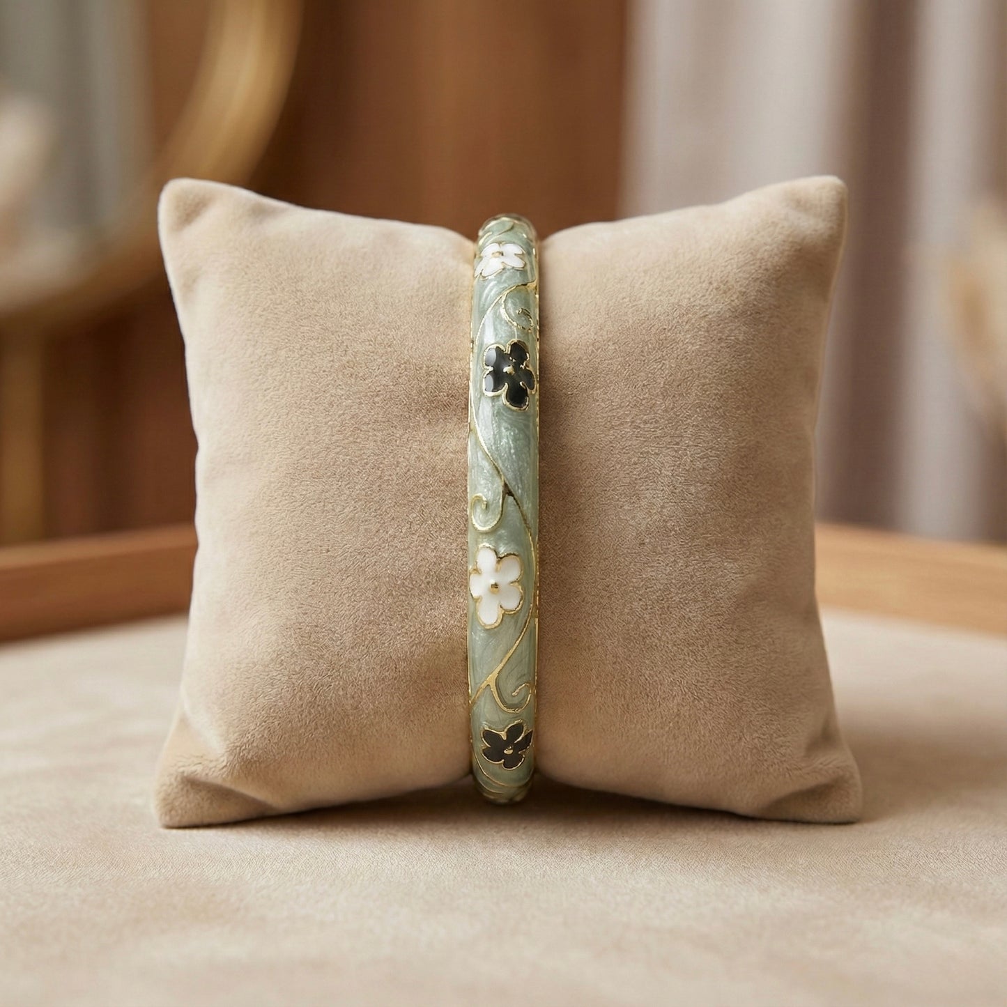 Sage Green Enamel Floral Bangle with Black & Ivory Flower Motifs and Gold Vine Detailing