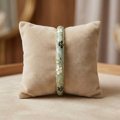 Sage Green Enamel Floral Bangle with Black & Ivory Flower Motifs and Gold Vine Detailing
