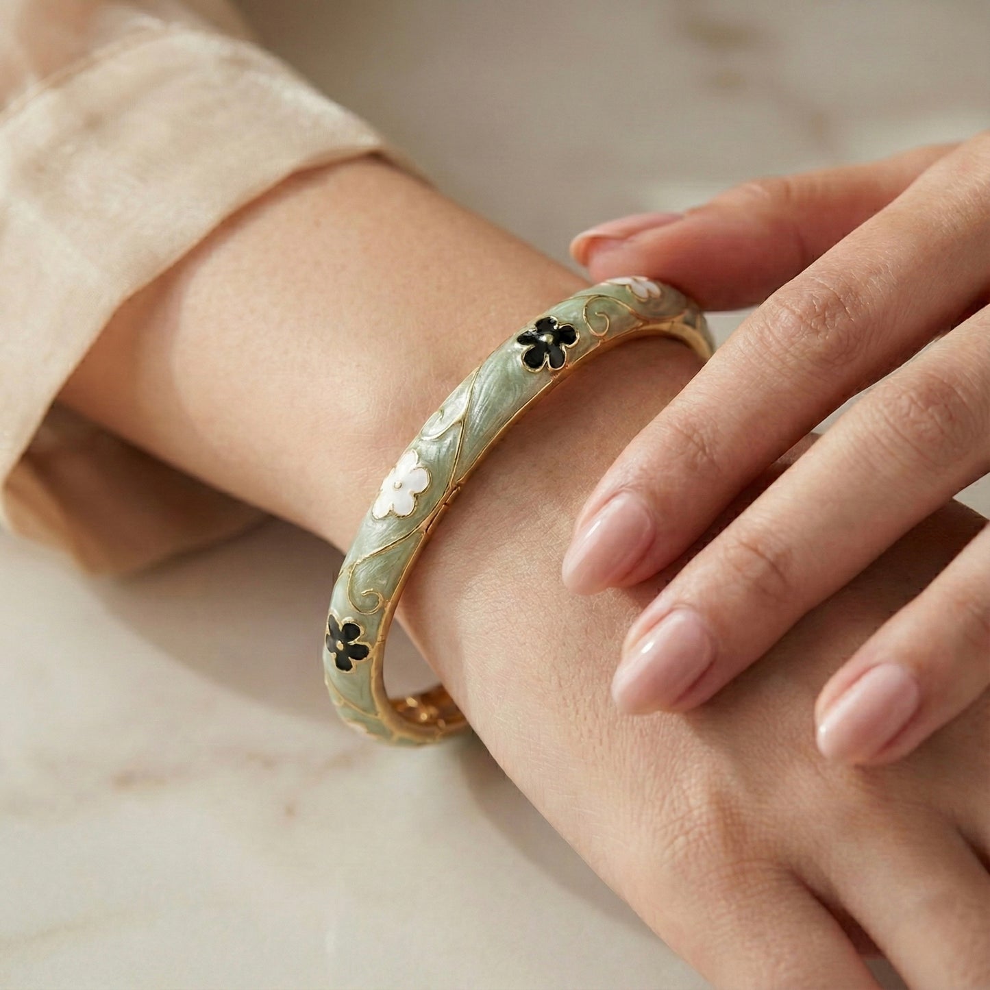 Sage Green Enamel Floral Bangle with Black & Ivory Flower Motifs and Gold Vine Detailing