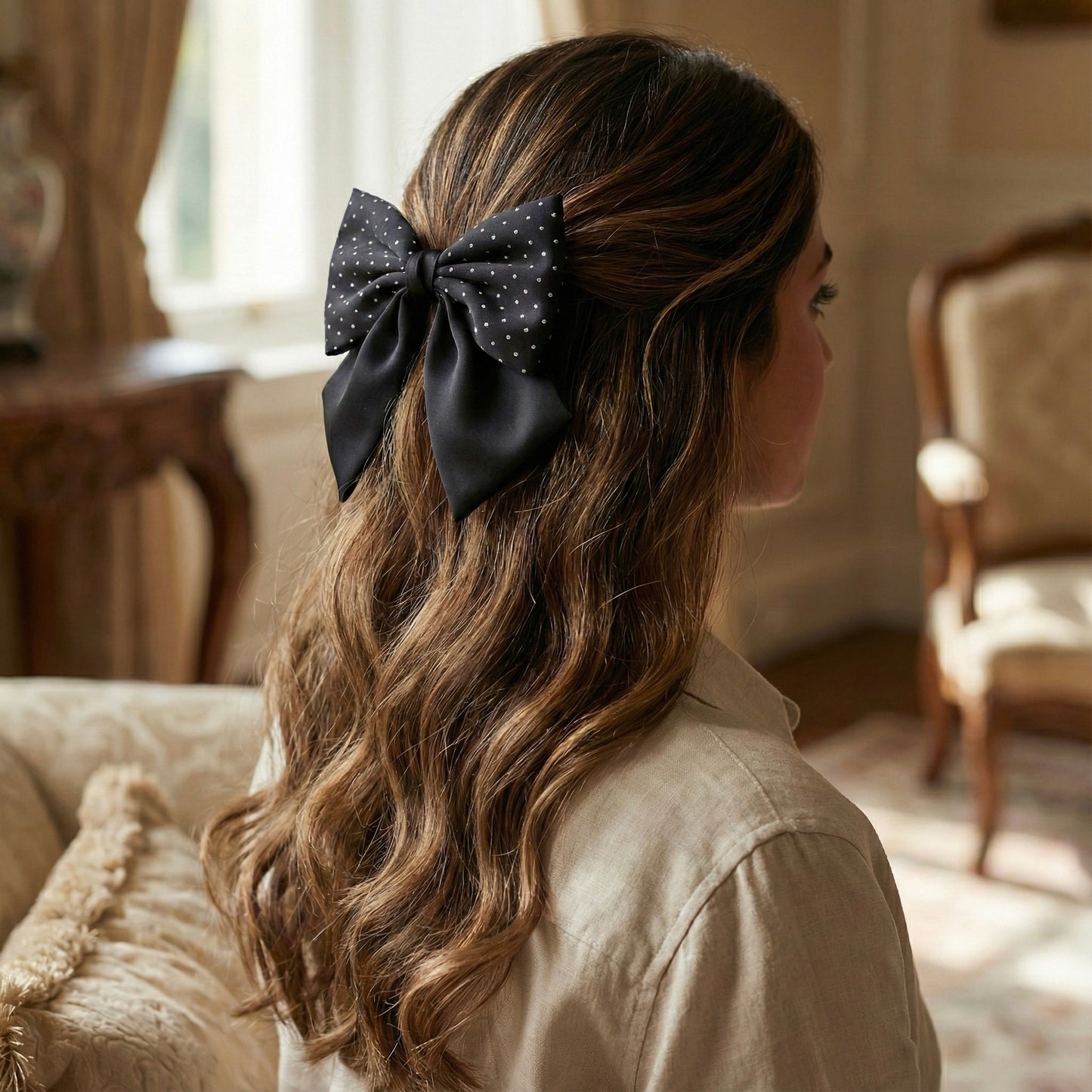 Hair bow worn with half-up hairstyle