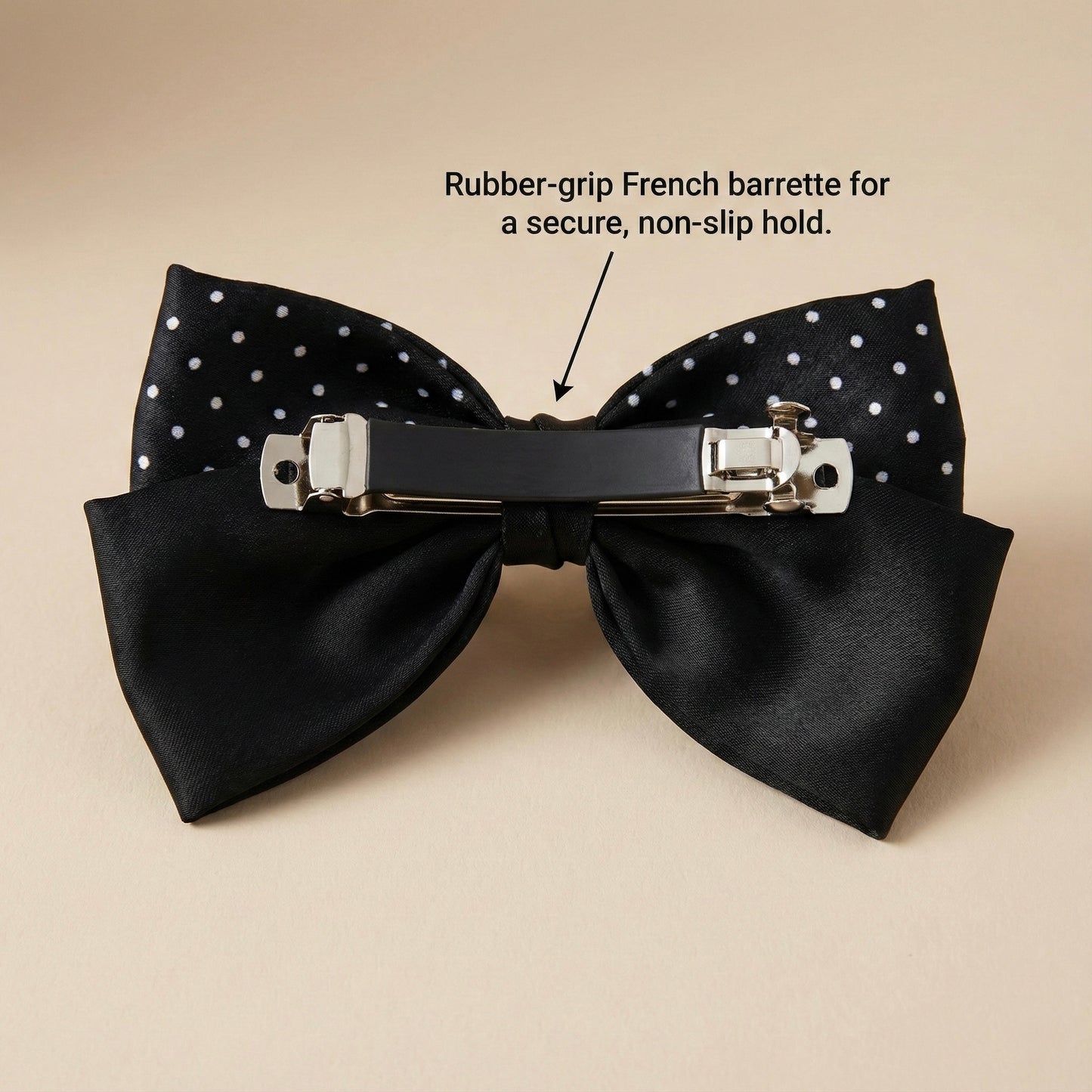 Back view of satin hair bow with French barrette